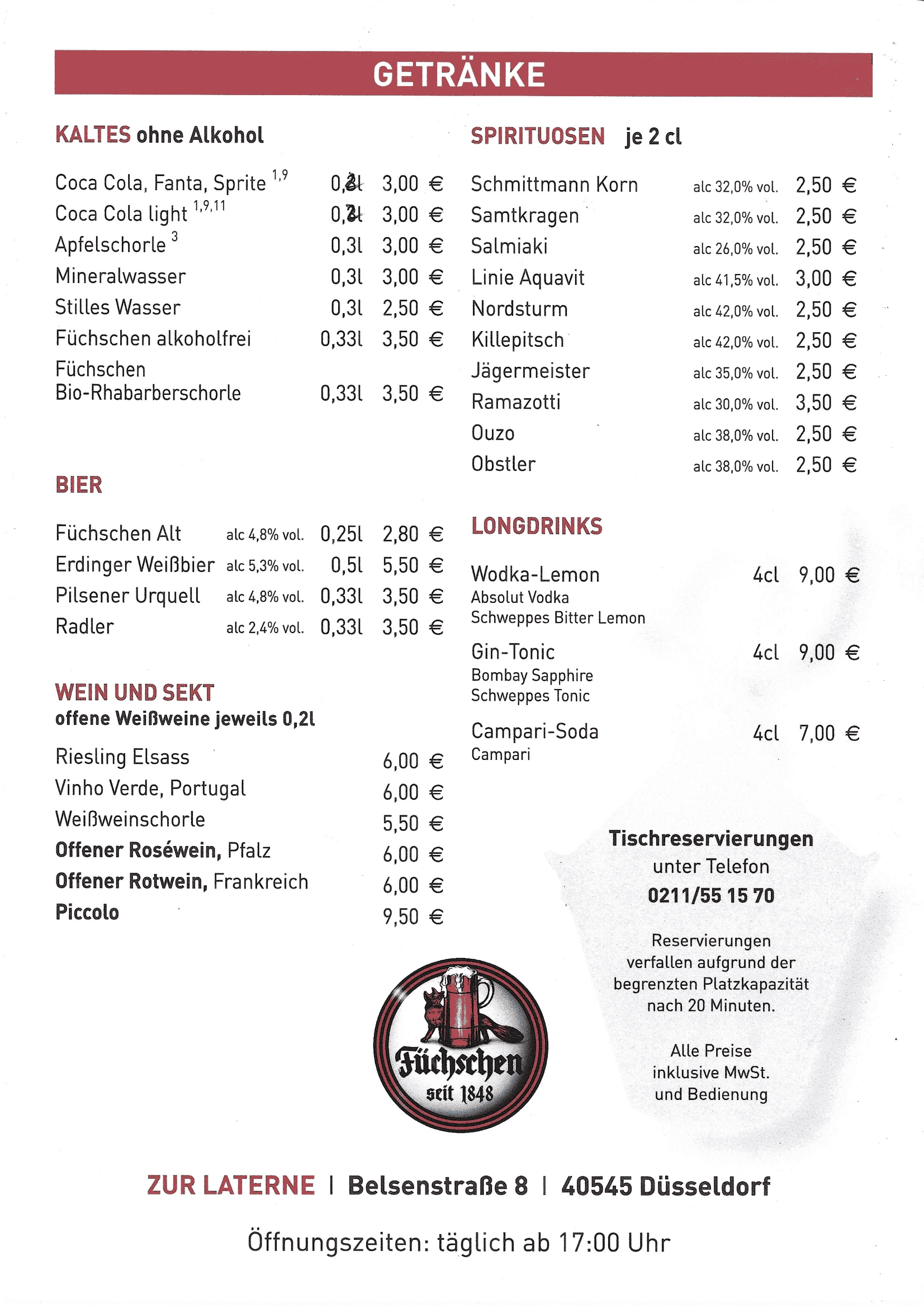 Getränkekarte Zur Laterne